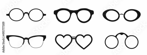 Black glasses rim. Eyeglasses and sunglasses collection vector illustration. Vintage, classic and modern style glasses rim