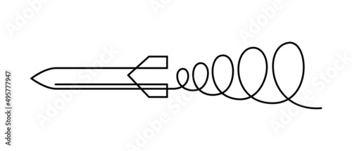 Missile in flight in continuous line art drawing style. Guided rocket weapon minimalist black linear design isolated on white background. Vector illustration