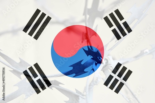 Abstract image of the national flag of South Korea with twisted barbed wire.
