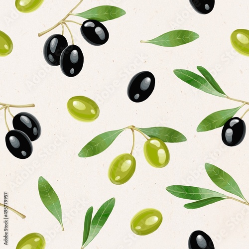 Seamless pattern of olives on a light background. Stock illustration.