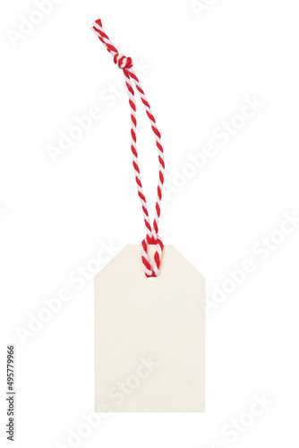 White label with baker’s twine isolated on white background