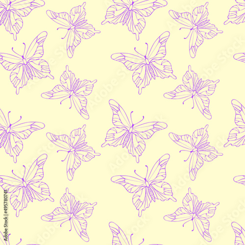 Butterfly pattern  soft pastel yellow background and lilac contours of the butterfly  seamless. Vector illustration