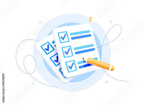 3D Notes with Check mark. Completed task list or checklist.  Paper document or report with pencil. Realistic elements iIsolated on white background illustration. 3D Rendering