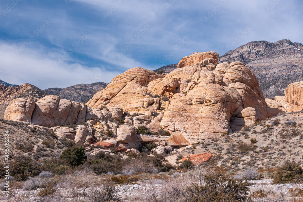 Fototapeta premium Las Vegas, Nevada, USA - February 23, 2010: Red Rock Canyon Conservation Area. Group of beige boulders under blue cloudscape. Gray mountain on horizon and dry desert floor with bushes up front.