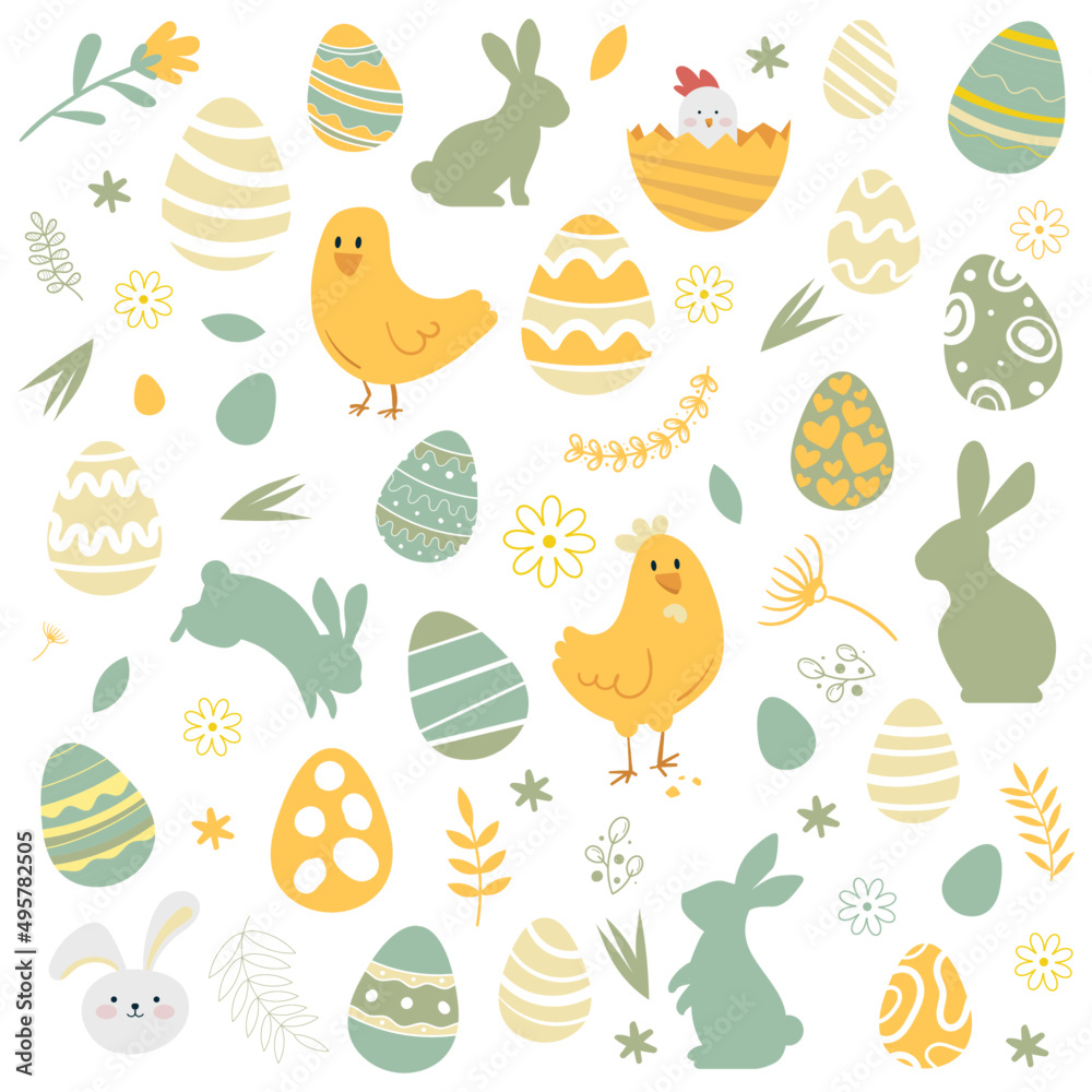 Motifs de Pâques - Illustrations d'oeufs, poules, lapins et végétaux