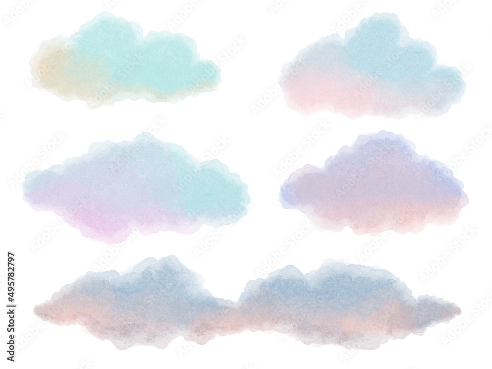 Collection of watercolor hand drawn clouds in pastel colors.
