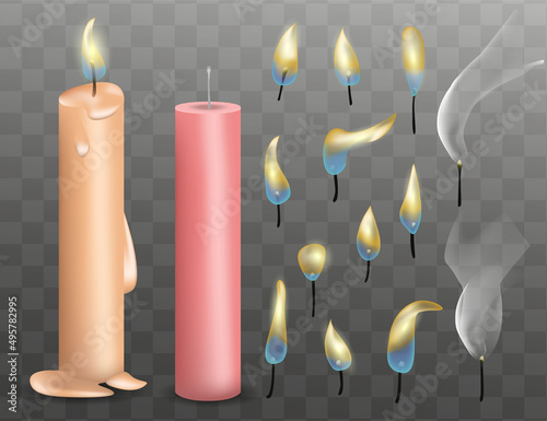 3D Burning Realistic Candle Set. Light Candle Set. Vector. Different Flame Of A Candle Icon Set Closeup On Gray Transparency Grid Background