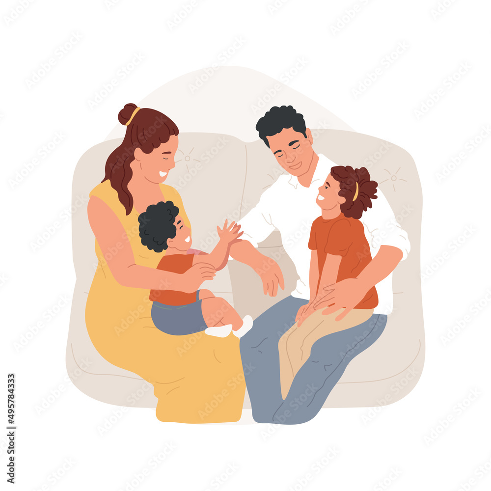 Talking together isolated cartoon vector illustration. Family relationship, parents and kids talking together, sitting at sofa in a living room, having conversation, lifestyle vector cartoon.