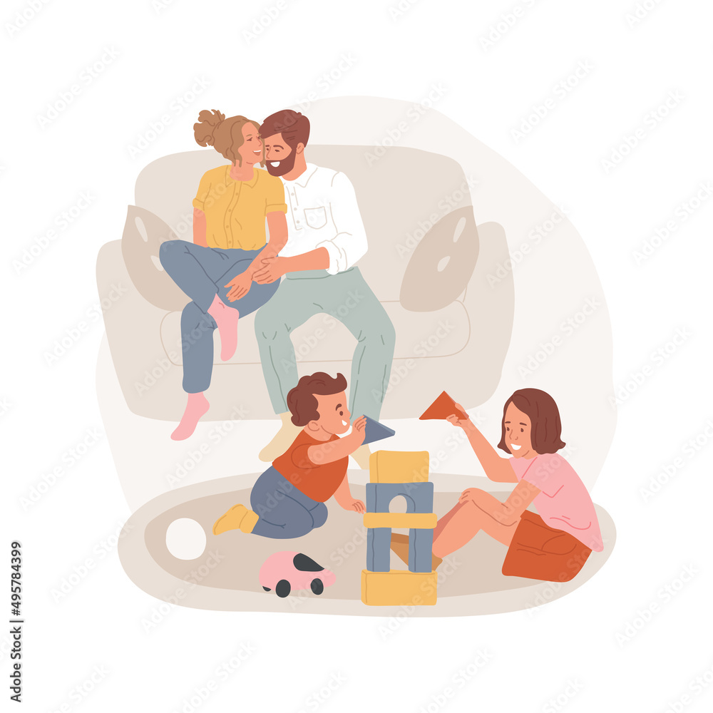 Family moments isolated cartoon vector illustration. Kids are busy playing on the floor, parents hugging each other, sitting on the sofa, family happy moment, relationship vector cartoon. Family moments isolated cartoon vector illustration. Kids are busy playing on the floor, parents hugging each other, sitting on the sofa, family happy moment, relationship vector cartoon.