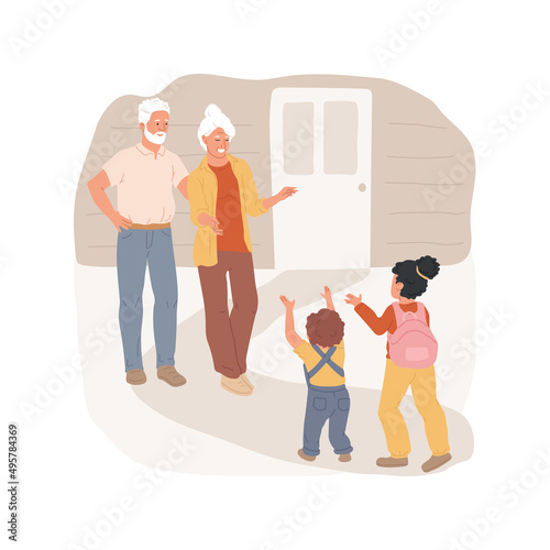 Visiting grandparents isolated cartoon vector illustration. Grandpa opening the door, grandma standing with open arms, kids run towards grandparents, family visiting relatives vector cartoon.