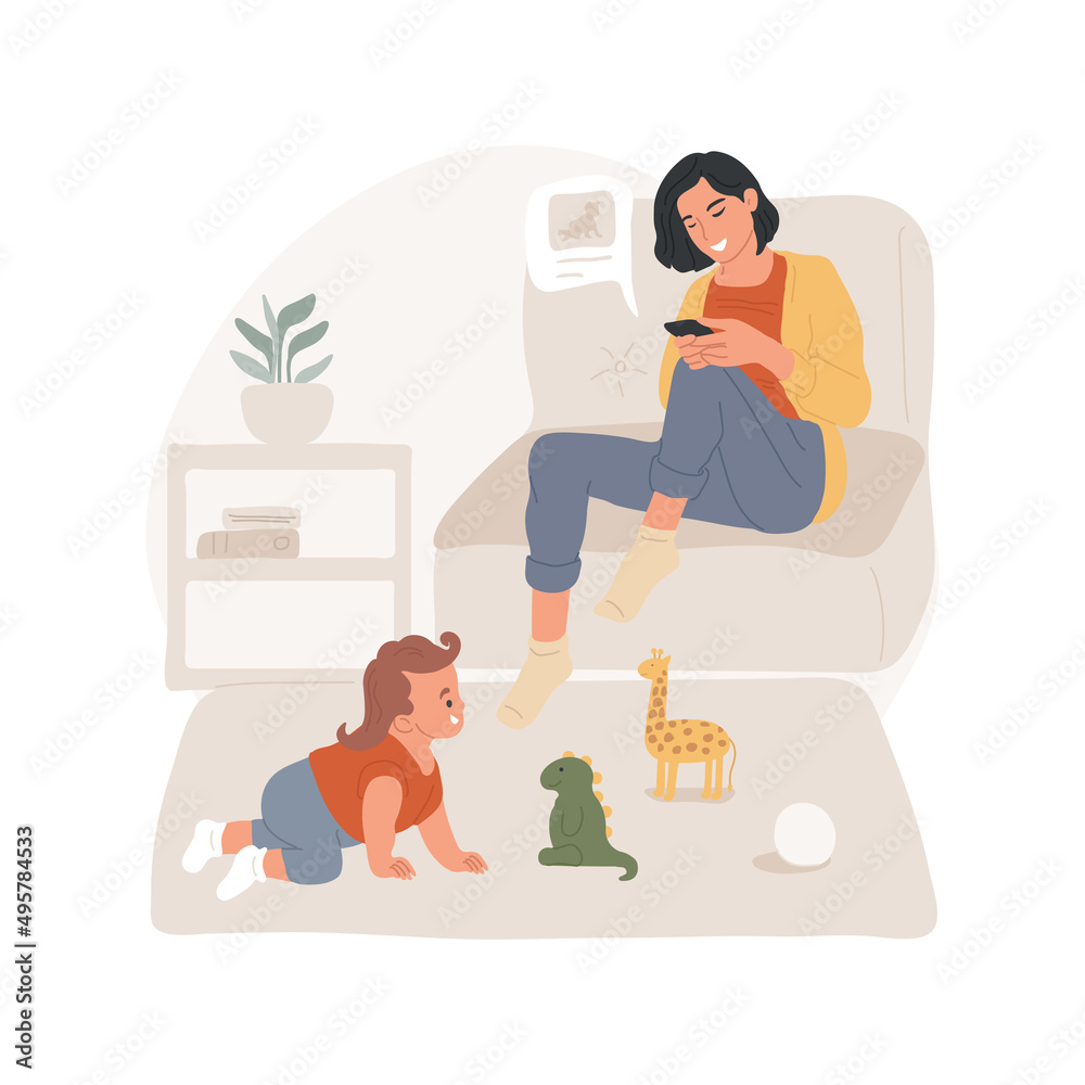 Share photo of a child isolated cartoon vector illustration. Social media posting addiction, sharing picture, mom sitting on sofa with smartphone, kid playing in living room vector cartoon. Share photo of a child isolated cartoon vector illustration. Social media posting addiction, sharing picture, mom sitting on sofa with smartphone, kid playing in living room vector cartoon.