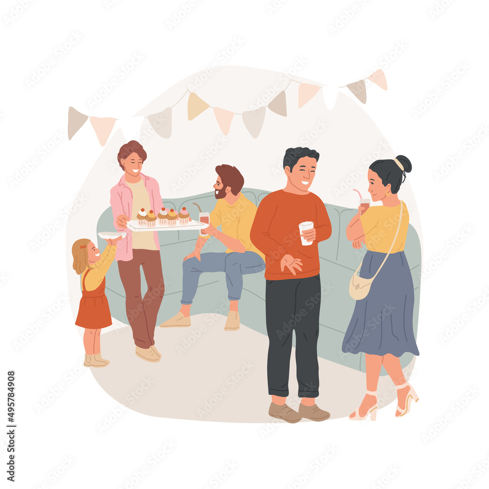 Obraz premium Home party isolated cartoon vector illustration. Human communication, meeting friends, two families sitting in a living room, home gathering, family party, kids playing around vector cartoon.