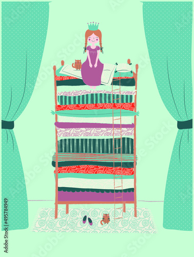 Princess themed print design sitting on her multi-story bunk at the fairy tale. Can be used for baby t-shirt print, fashion print design, kids wear, baby shower, celebration, greeting and invitation.