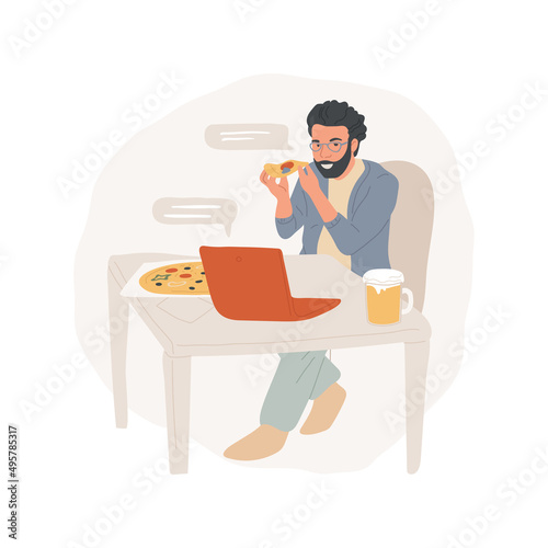Old friends isolated cartoon vector illustration. Middle age man sitting with tablet, drinking beer, meeting with old friend online, pizza on the table, video chat conference vector cartoon.