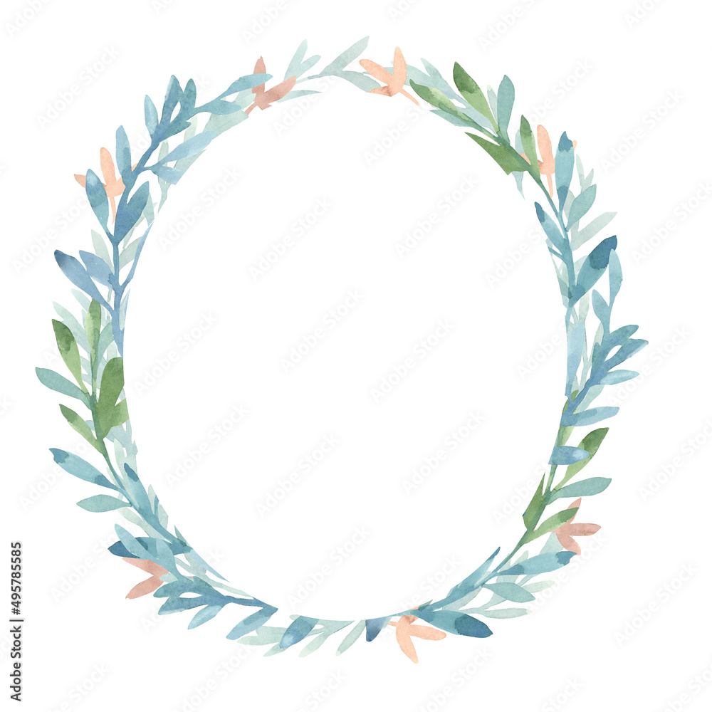 An oval wreath of stylized green and blue leaves and pink flowers. Painted in watercolor on a white background. For wedding invitations, holiday cards, packaging, covers, scrapbooking.