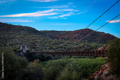 Old suspension bridge surrounded by lush green nature