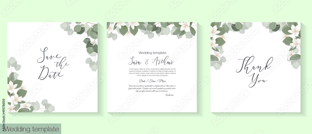 Vector herbal wedding invitation template. White magnolia, sakura , eucalyptus, green plants and leaves. All elements can be isolated.