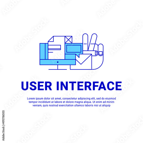 Lineart flat UI/UX Interface design website image illustration. User experience, design and testing of applications and software. Laptop, compucter, phone
