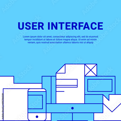 Lineart flat UI/UX Interface design website image illustration. User experience, design and testing of applications and software. Laptop, compucter, phone