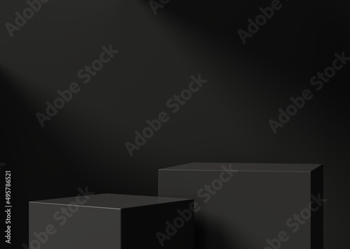 Modern minimal black podium or pedestal for product showcase. Boxes shapes pedestal. Dark background. Empty stage  display. 3d render illustration