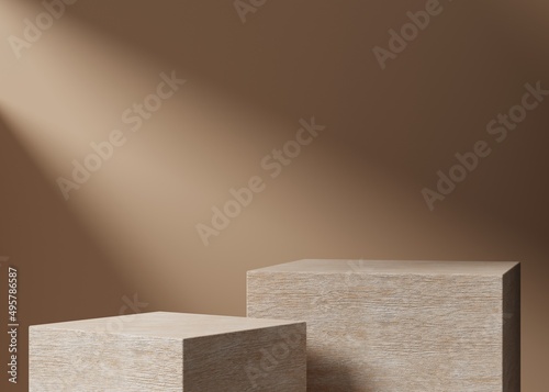 Fototapeta Naklejka Na Ścianę i Meble -  Modern wood double pedestal or podium for product showcase. Boxe shape pedestal. Beige background. Empty stage. 3d render illustration