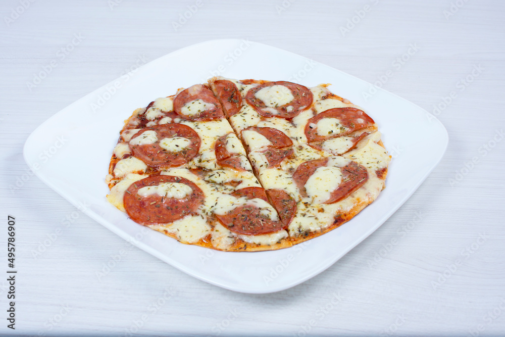 Traditional tomato, cheese, oregano pizza on red checkered napkin Traditional tomato, cheese, oregano pizza on red checkered napkin