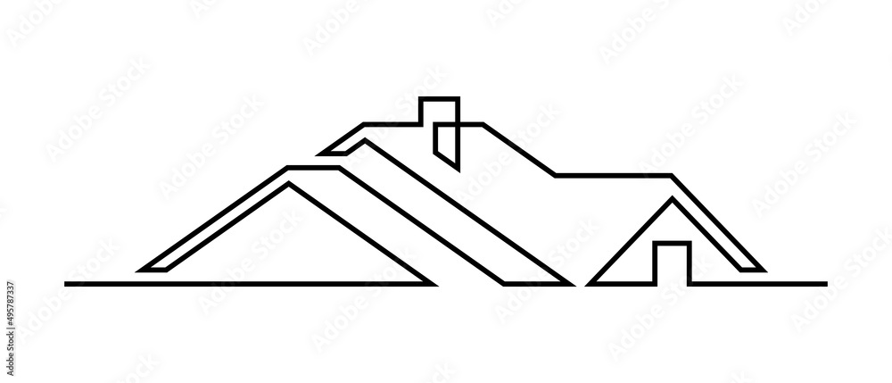 Housetop in continuous line art drawing style. Pitched roof house black linear design isolated on white background. Vector illustration - obrazy, fototapety, plakaty 