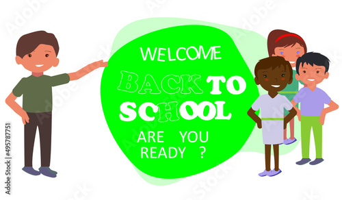 Welcome to school card with a teacher and some pupils