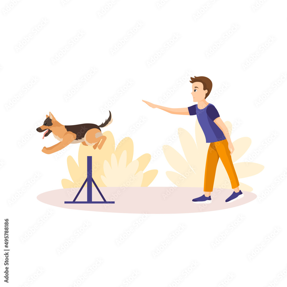 Vector illustration in cartoon style isolated on white background. Man training German Shepherd outdoors. Jump command Vector illustration in cartoon style isolated on white background. Man training German Shepherd outdoors. Jump command