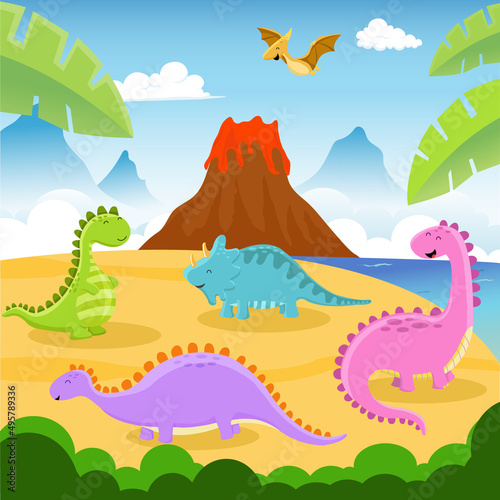 Cartoon Scene Of Dinosaurs And Volcano