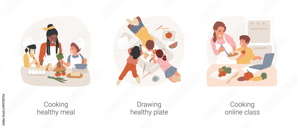 Fototapeta premium Gradeschoolers eating habits isolated cartoon vector illustration set. Cooking healthy meal, drawing healthy plate, nutrition online class for kids, after school education vector cartoon.