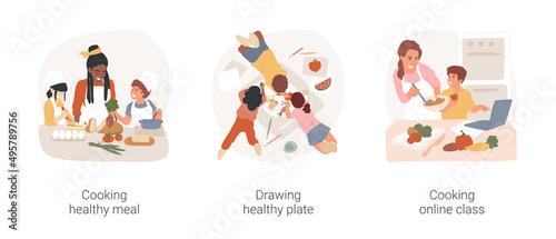 Gradeschoolers eating habits isolated cartoon vector illustration set. Cooking healthy meal, drawing healthy plate, nutrition online class for kids, after school education vector cartoon.