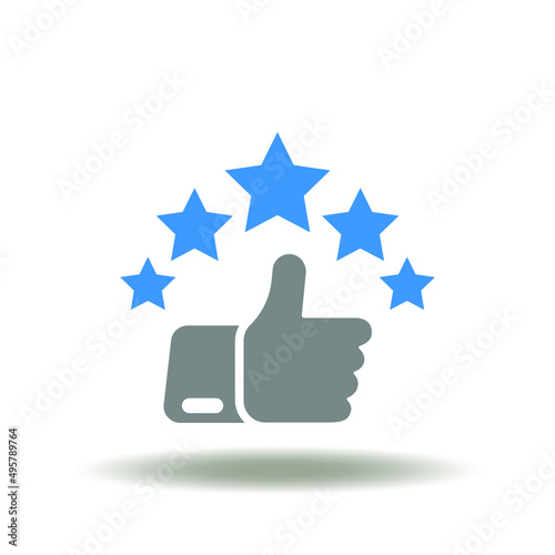 Vector illustration of thumb up with five stars. Icon of client satisfaction. Symbol of feedback. Sign of customer experience.