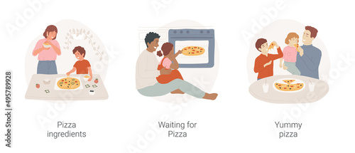Homemade pizza isolated cartoon vector illustration set. Kitchen table, put ingredients on top of base, kid looking in oven, waiting for pizza, yummy slice with stretchy cheese vector cartoon.