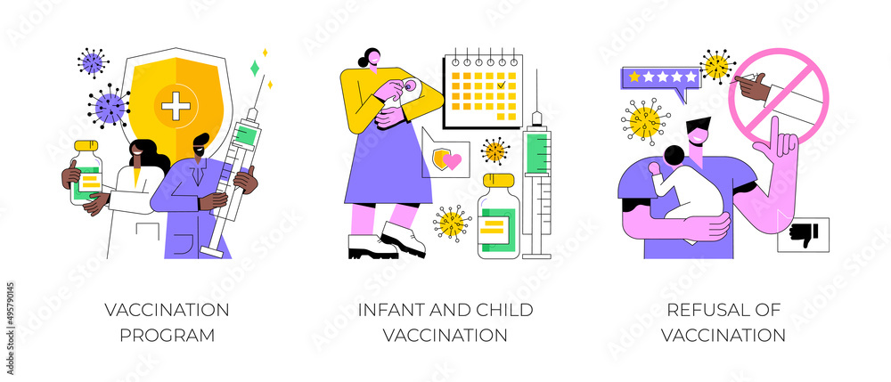 Mandatory immunization abstract concept vector illustration set. Vaccination program for Infant and child, refusal of vaccination, childhood infectious diseases, public healthcare abstract metaphor.