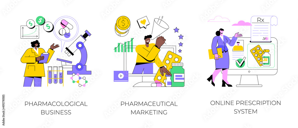 Drugs and medication industry abstract concept vector illustration set. Pharmacological business, pharmaceutical marketing, online prescription system, pharmacy network, drugstore abstract metaphor.