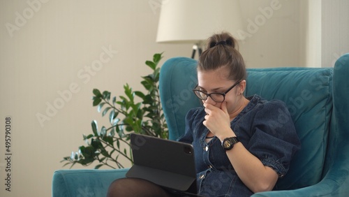 shocked excited nervous leader Woman in glasses Chatting Laptop Living Room. Writing Searching Using IT. confused Buisenes Lady Working leads conference Browsing Internet. Education, Technology