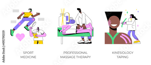 Physical therapy abstract concept vector illustration set. Sport medicine, professional massage therapy, kinesiology taping, pain relief, wellness relaxation, bandage application abstract metaphor.