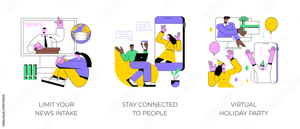 Quarantine lifestyle abstract concept vector illustration set. Limit your news intake, stay connected to people, virtual Holiday party, friends meetup, online communication, anxiety abstract metaphor. Quarantine lifestyle abstract concept vector illustration set. Limit your news intake, stay connected to people, virtual Holiday party, friends meetup, online communication, anxiety abstract metaphor.