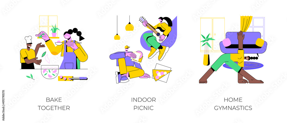 Family fun amid quarantine abstract concept vector illustration set. Bake together, indoor picnic, home gymnastics, time together with children, indoor activities, stay at home abstract metaphor.