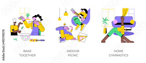 Family fun amid quarantine abstract concept vector illustration set. Bake together, indoor picnic, home gymnastics, time together with children, indoor activities, stay at home abstract metaphor.