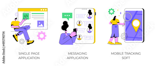 Web development abstract concept vector illustration set. Single page application, messaging application, mobile tracking soft, web page, responsive website, chat app, gps tracking abstract metaphor.