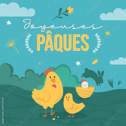 Illustration enfant - Joyeuses Pâques - Dessins de poules dans une prairie