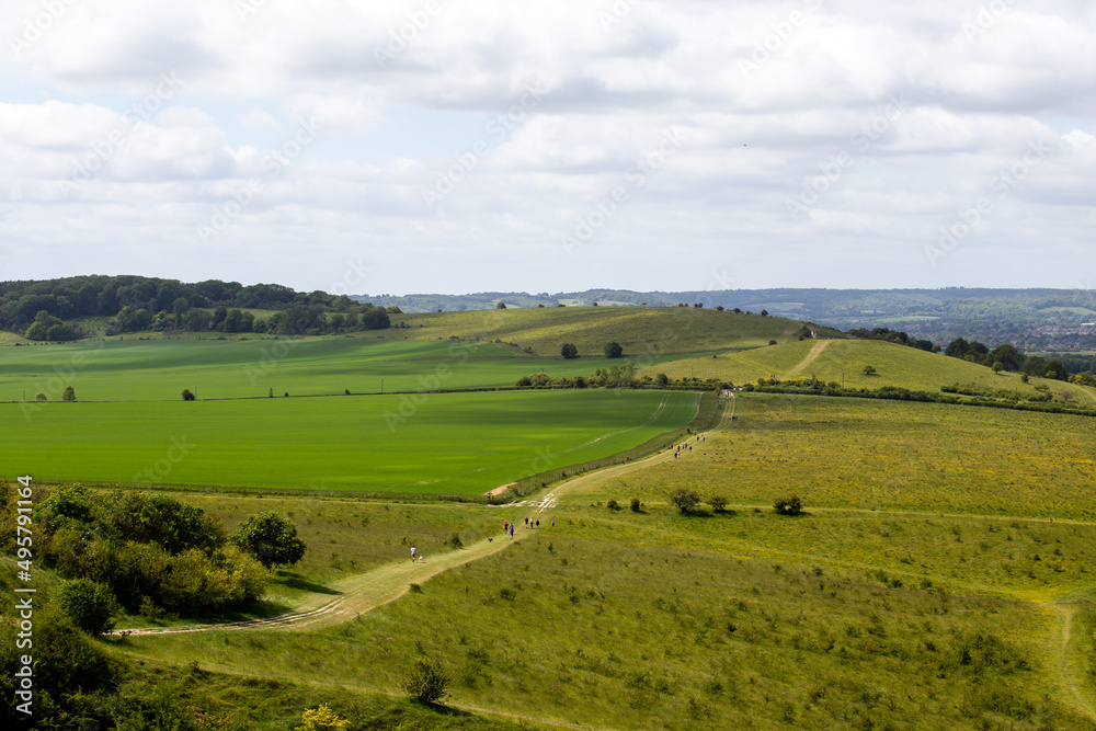 landscape with field and blue sky, footpath across the field