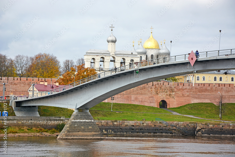 The bridge over the Volkhov River and Yaroslav's Court on February 22, 2017 in Veliky Novgorod
