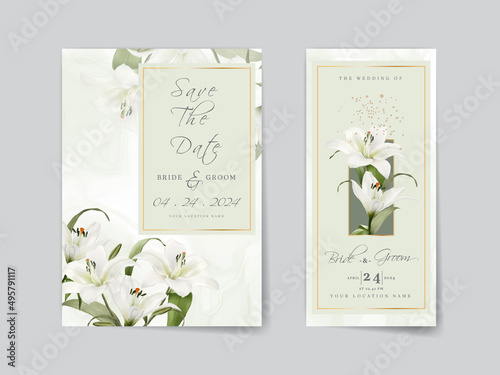 Elegant wedding invitations card with white lily watercolor design