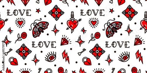 Old school tattoo seamless pattern with love symbols. Design For Valentines Day, Stilts, Wrapping Paper, Packaging, Textiles