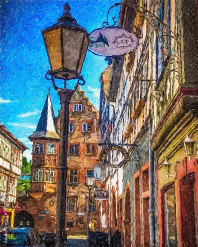 Colorful painting modern artistic artwork, real brush strokes, drawing in oil European famous old street view, beautiful old vintage houses, design print for canvas or paper poster, touristic product © Mashkhurbek
