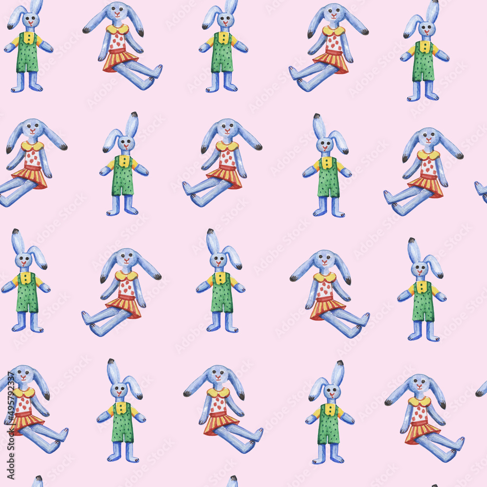 Seamless pattern with toy hares on a pink background. watercolor illustration.