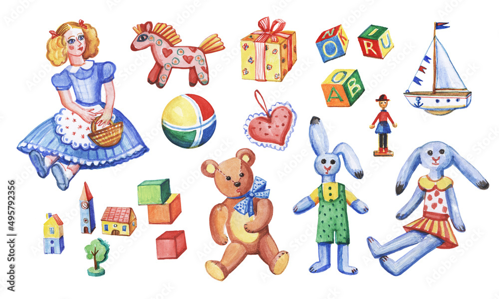 Watercolor set of children's toys. Doll, teddy bear, teddy hare, cubes and others.